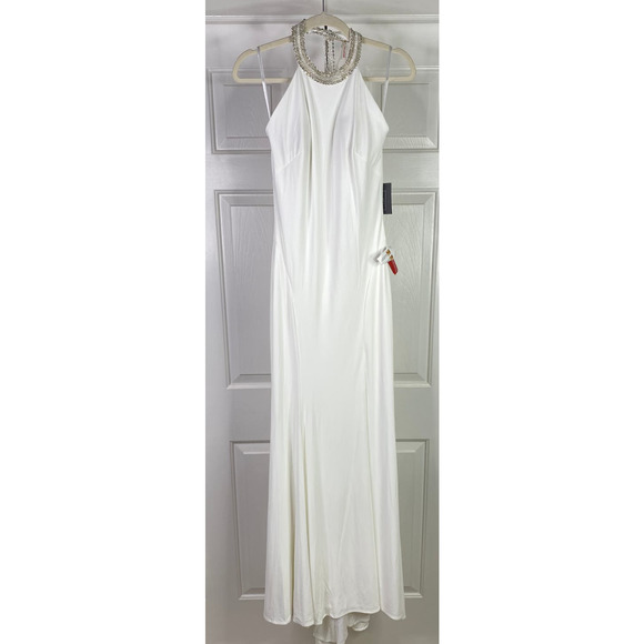 Mac Duggal BEADED HALTER JERSEY GOWN, Sz 4, White, #25572 - Picture 3 of 8